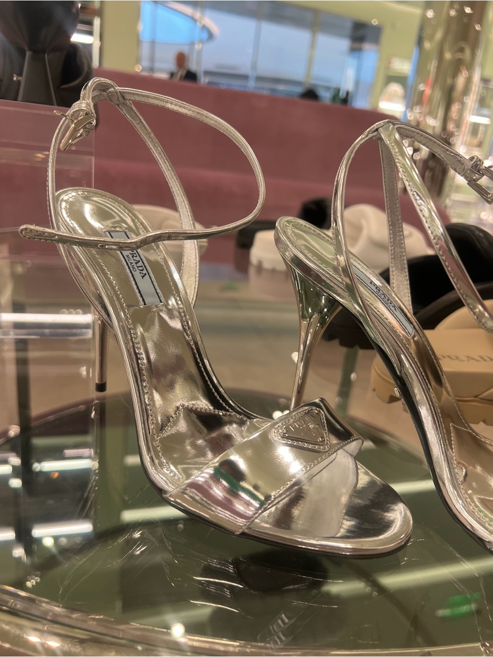 Prada Metallic Argento Silver Strappy Stiletto Sandal heels